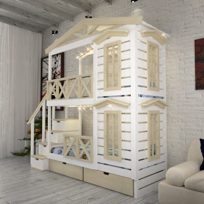 Кровать двухъярусная в виде домика Chalet-2-V2S-Lkp4 для детей и подростков из массива сосны 